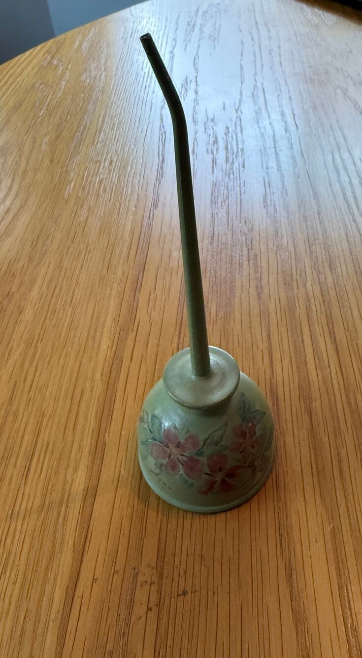 Hand painted Vintage Push Bottom Oil Can Green Floral